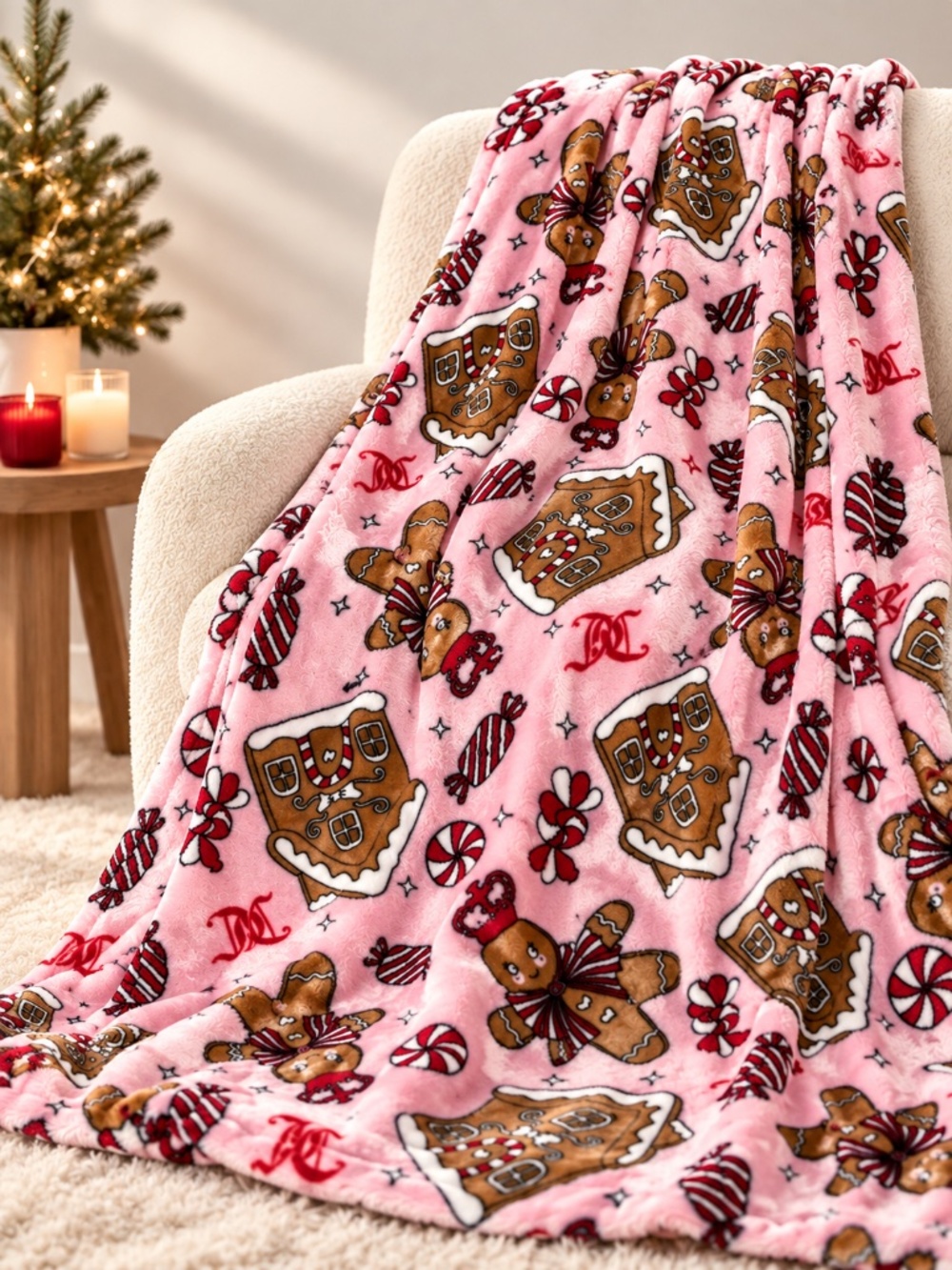Juicy Couture Christmas Plush Throw Blanket Gingerbread Pink 50x70 NWT